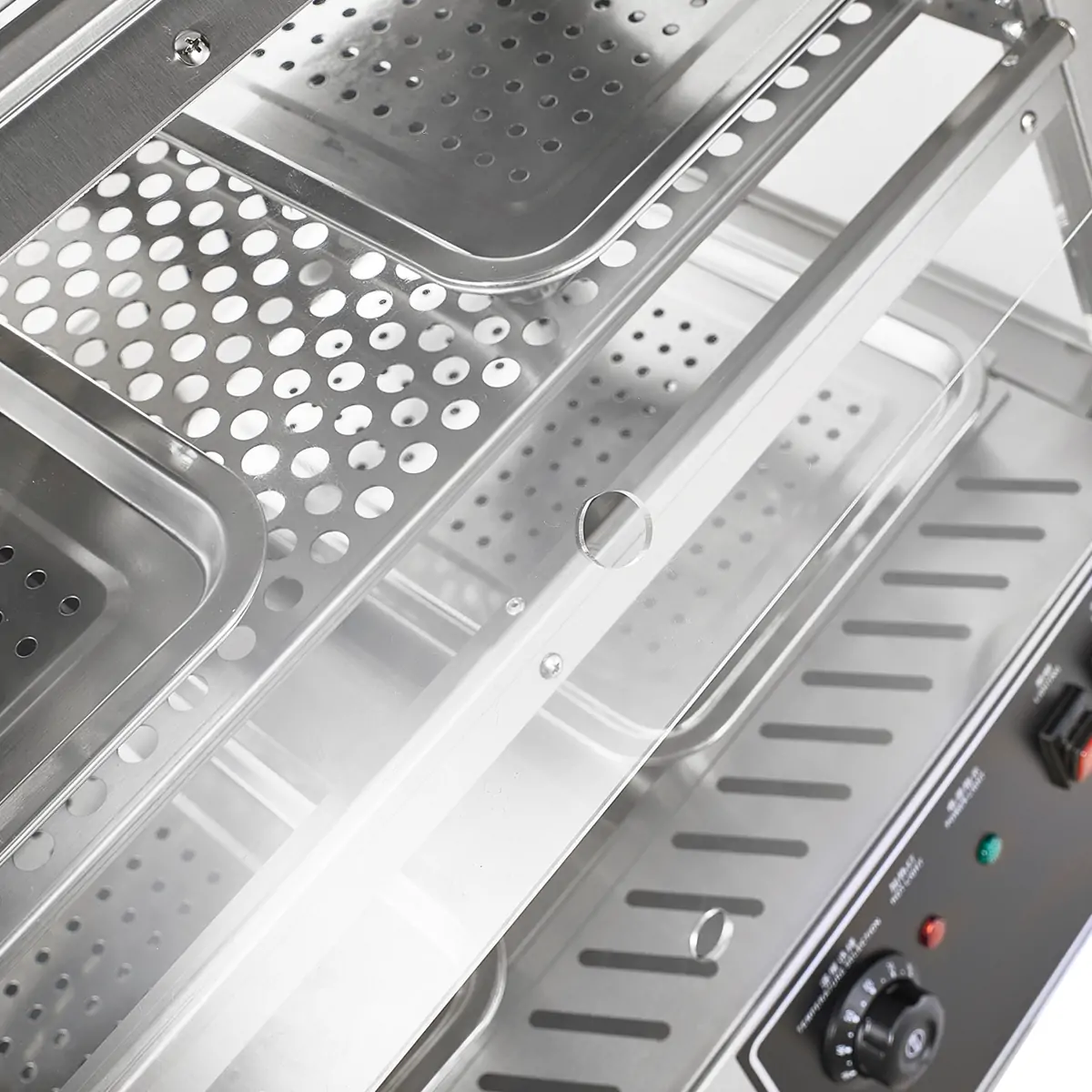 Food grade acrylic door opening detail of commercial heated display cabinet