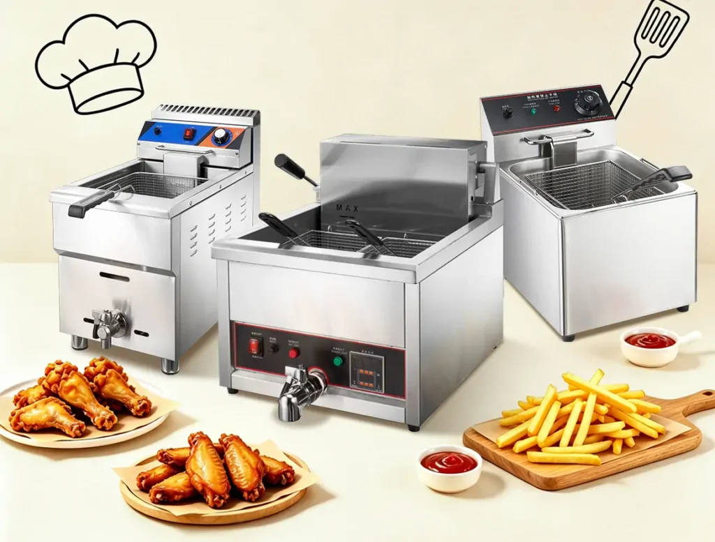 Commercial electric deep fryer manufacturer showing stainless steel restaurant fryer equipment for fast food kitchens