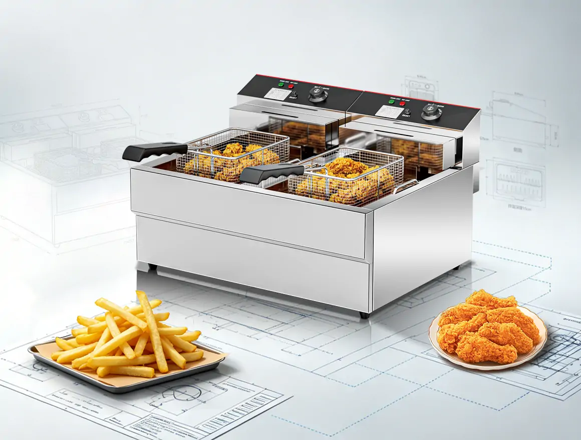 Commercial electric deep fryer manufacturer in China producing OEM stainless steel frying equipment for global distributors
