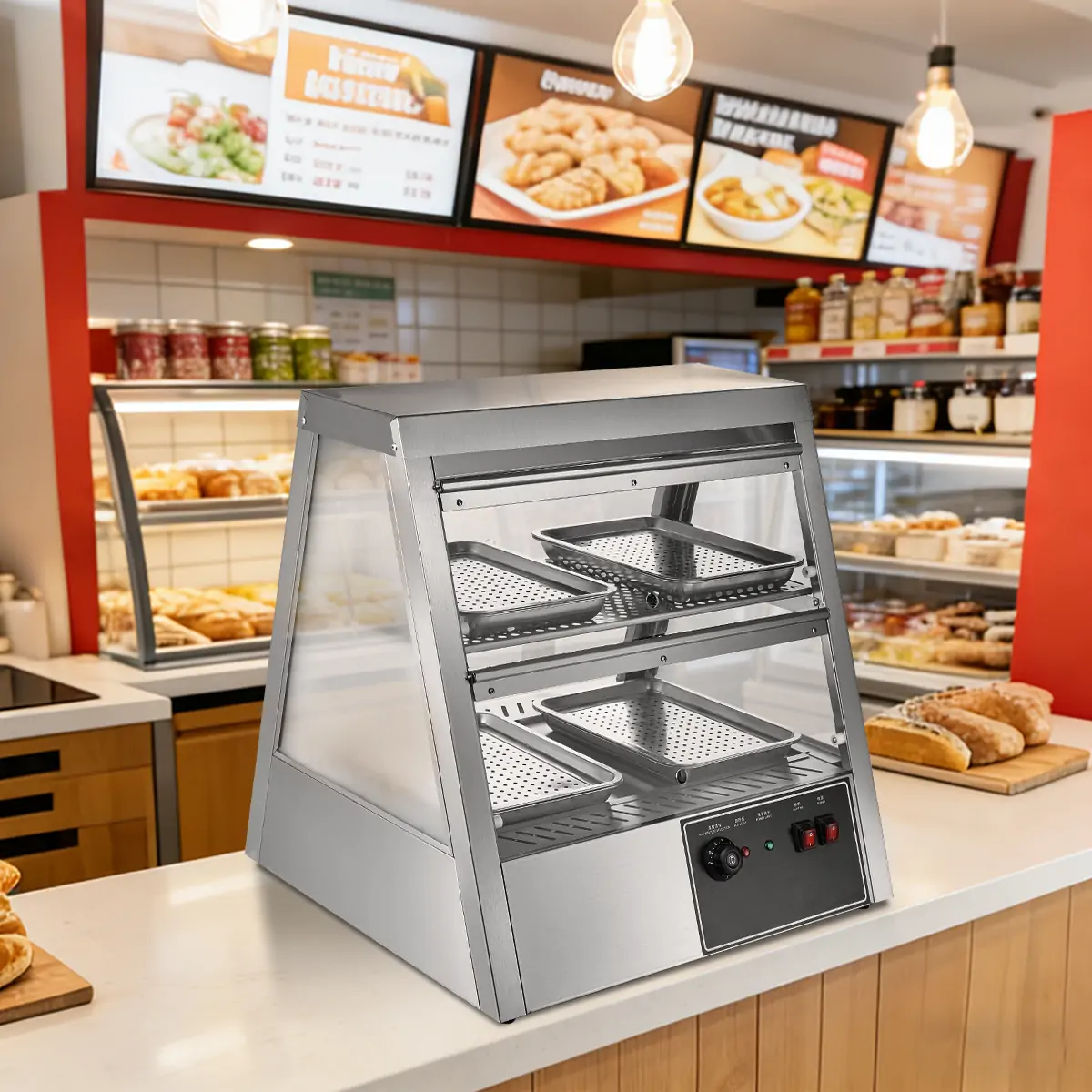 Commercial hot air food warmer display cabinet used in restaurant and fast food shop