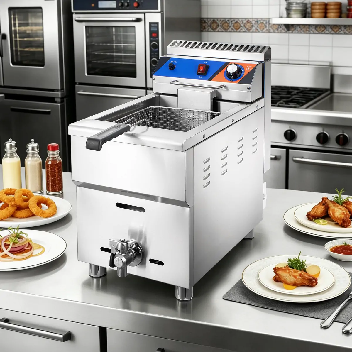 Commercial countertop gas deep fryer used in restaurant and fast food kitchen