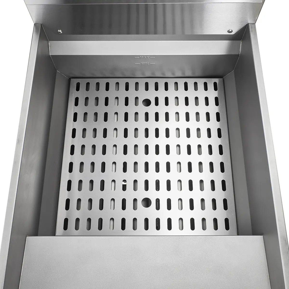 Commercial gas fryer divider plate with min and max oil level markings