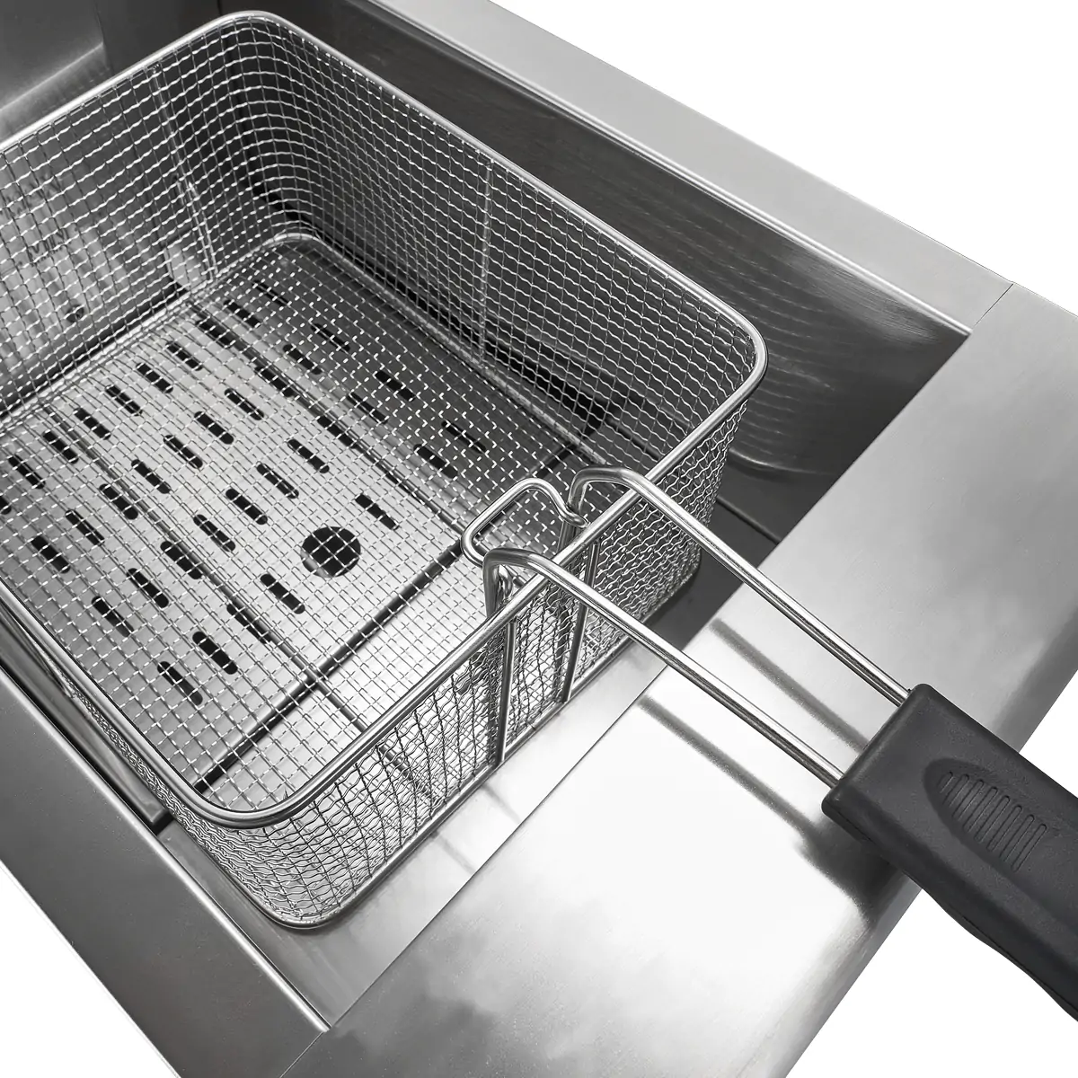 Oil tank and fry basket detail of commercial countertop gas fryer