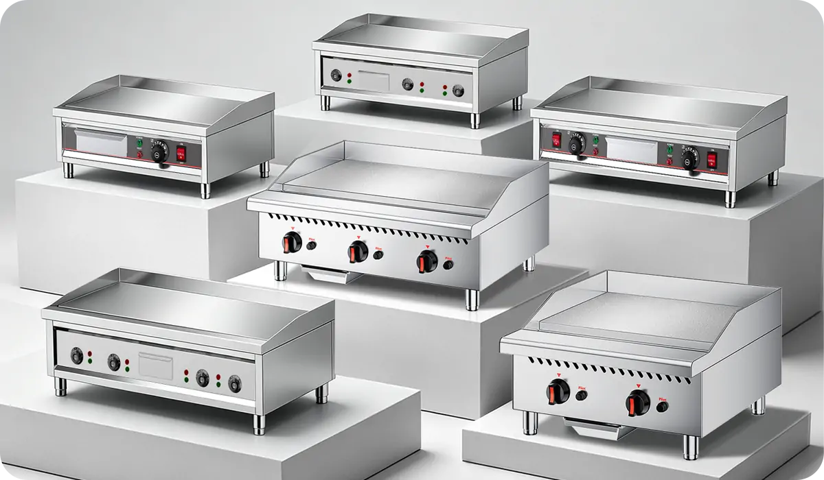 Commercial griddle cooking equipment for restaurant kitchen applications