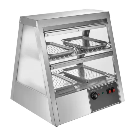 Commercial hot air circulation food warmer display cabinet with stainless steel structure and transparent doors