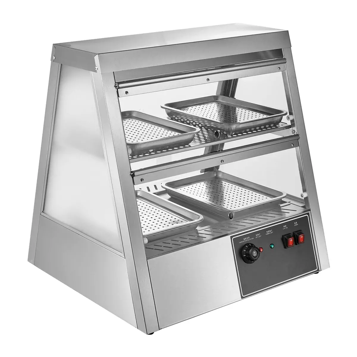 Commercial hot air circulation food warmer display cabinet with stainless steel structure and transparent doors