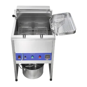 EF001-SX vertical commercial fryer front view showing control panel and stainless steel body