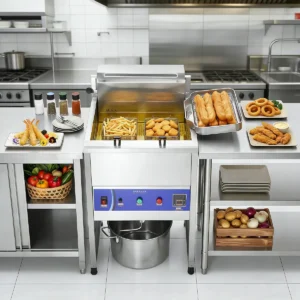 EF001-SX vertical commercial electric fryer in restaurant kitchen usage scene