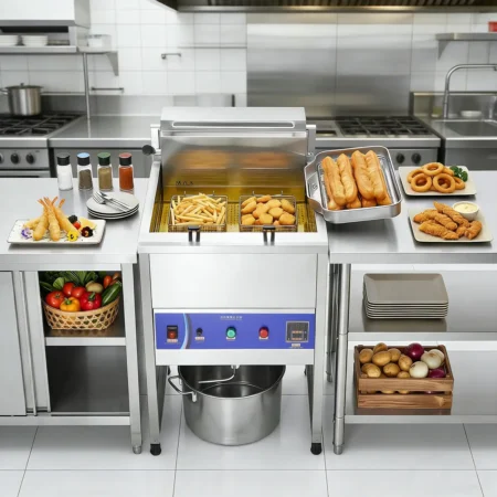 EF001-SX vertical commercial electric fryer in restaurant kitchen usage scene