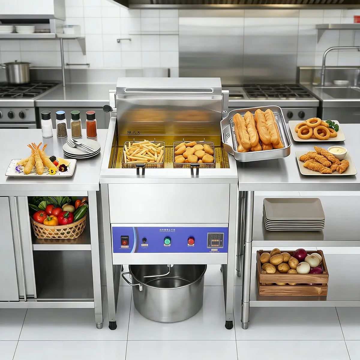 EF001-SX vertical commercial electric fryer in restaurant kitchen usage scene