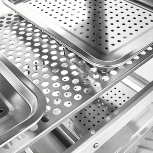Stainless steel perforated storage shelves inside commercial hot air food warmer display cabinet
