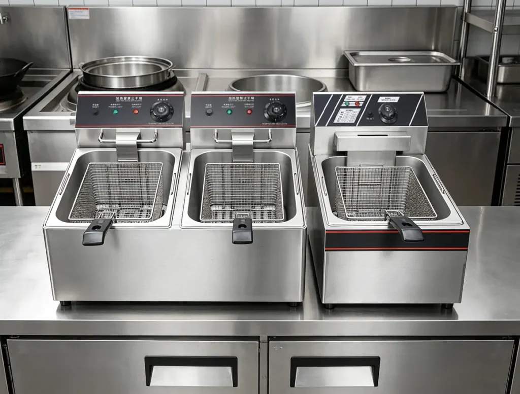 Commercial electric deep fryer for restaurant kitchens showing different fryer sizes for fast food and commercial cooking operations