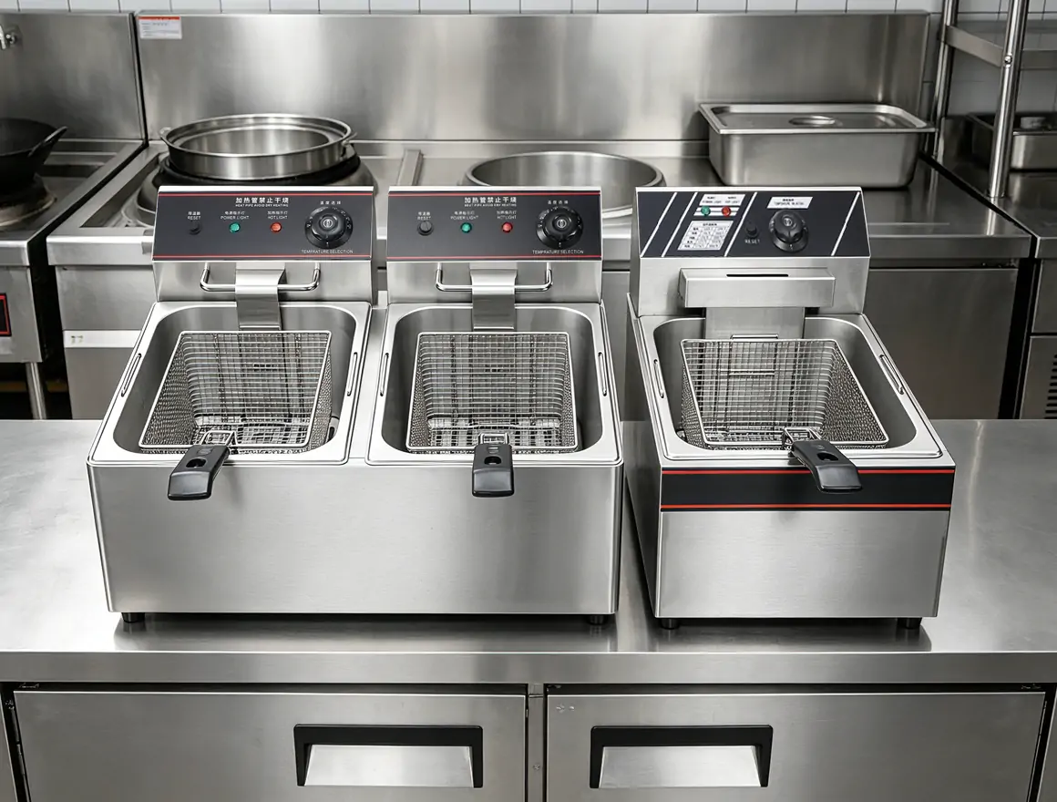 Commercial electric deep fryer for restaurant kitchens showing different fryer sizes for fast food and commercial cooking operations