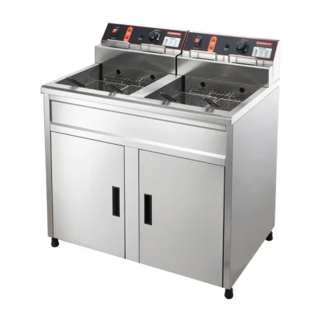 EF003-A4 freestanding double tank commercial electric deep fryer front view stainless steel