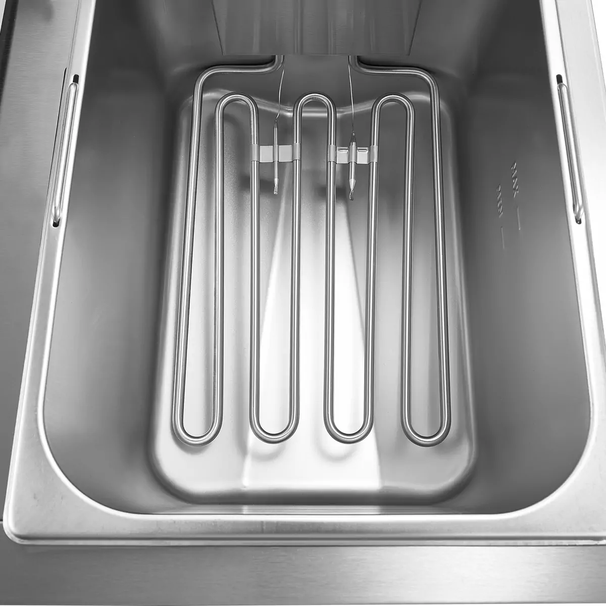 Commercial fryer heating element and temperature sensor