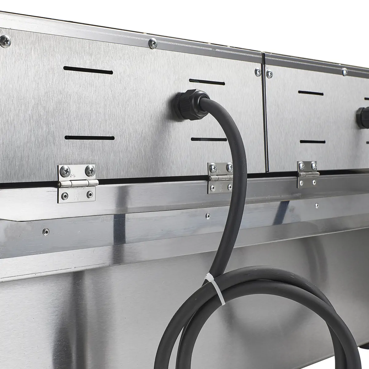 Rear view of long tank commercial electric fryer