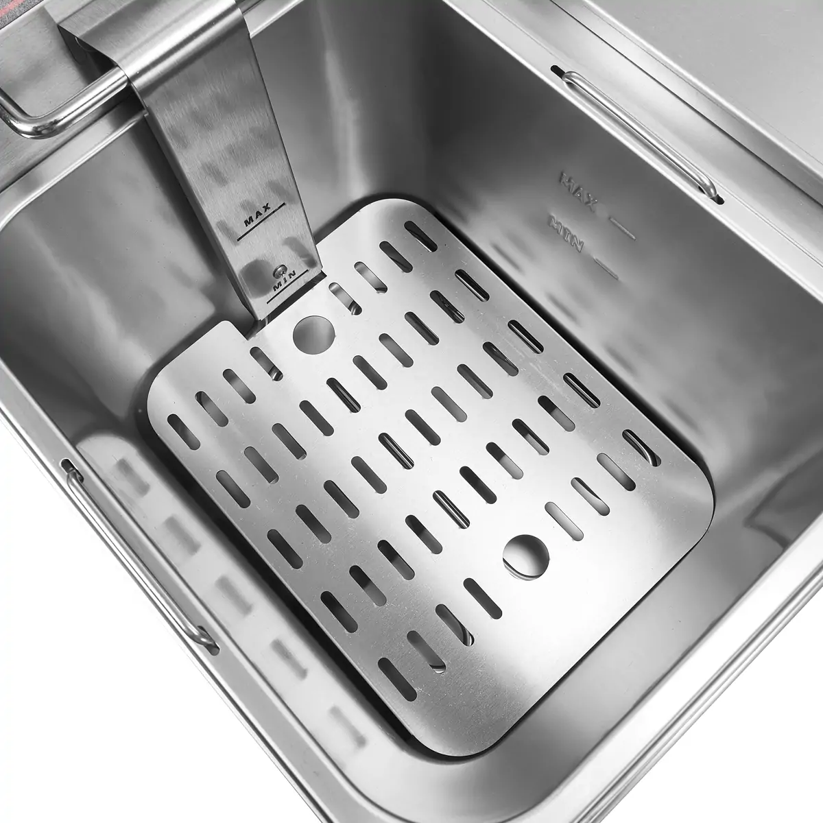 Oil level markings and crumb separation plate