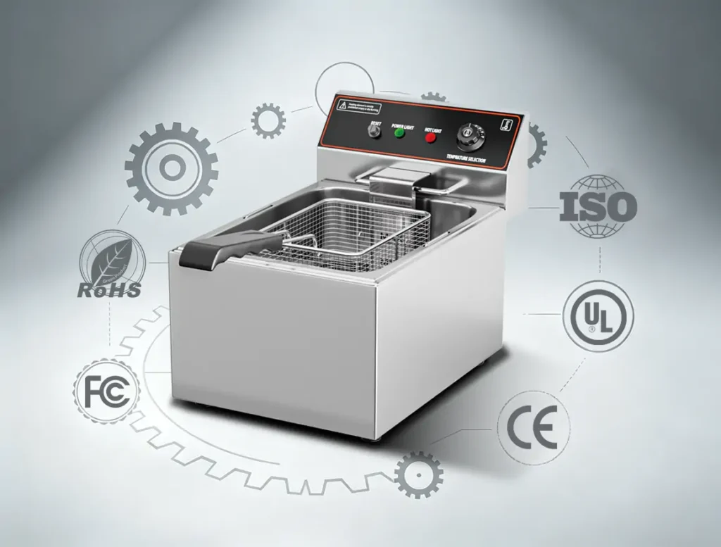 Commercial electric deep fryer manufacturer factory showing certified OEM production process with stainless steel fryer equipment for global buyers