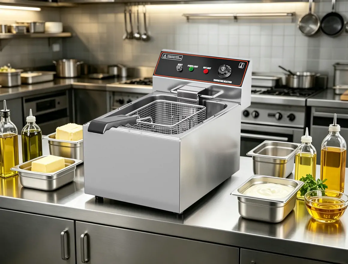 Commercial deep fryer manufacturer China displaying stainless steel electric deep fryer system for restaurants and food businesses comparing olive oil, canola oil and lard frying performance in commercial kitchens