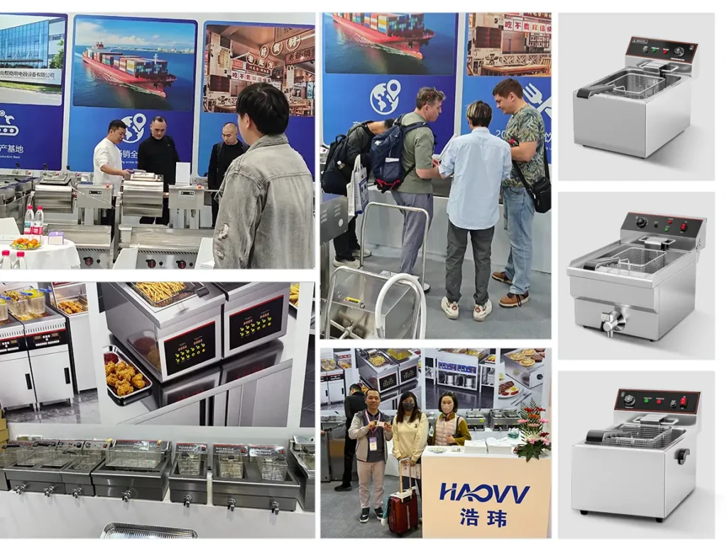 Shangbang commercial deep fryer OEM factory production line showing stainless steel electric fryer EF017 and double tank EF010-B assembly for restaurant and foodservice equipment buyers.