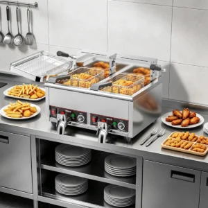EF004-A2 countertop dual tank electric fryer in a restaurant kitchen
