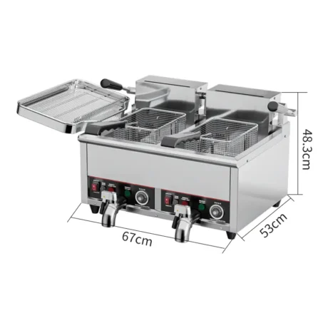 EF004-A2 dual tank commercial electric fryer dimensions with 12L oil per tank and 4KW heating power each