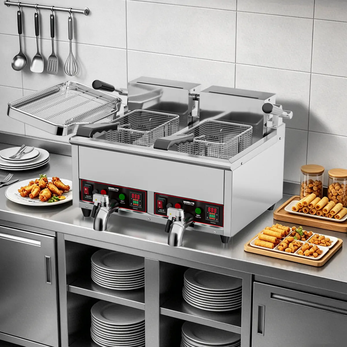 EF004-B2 dual tank fryer used in commercial restaurant kitchen