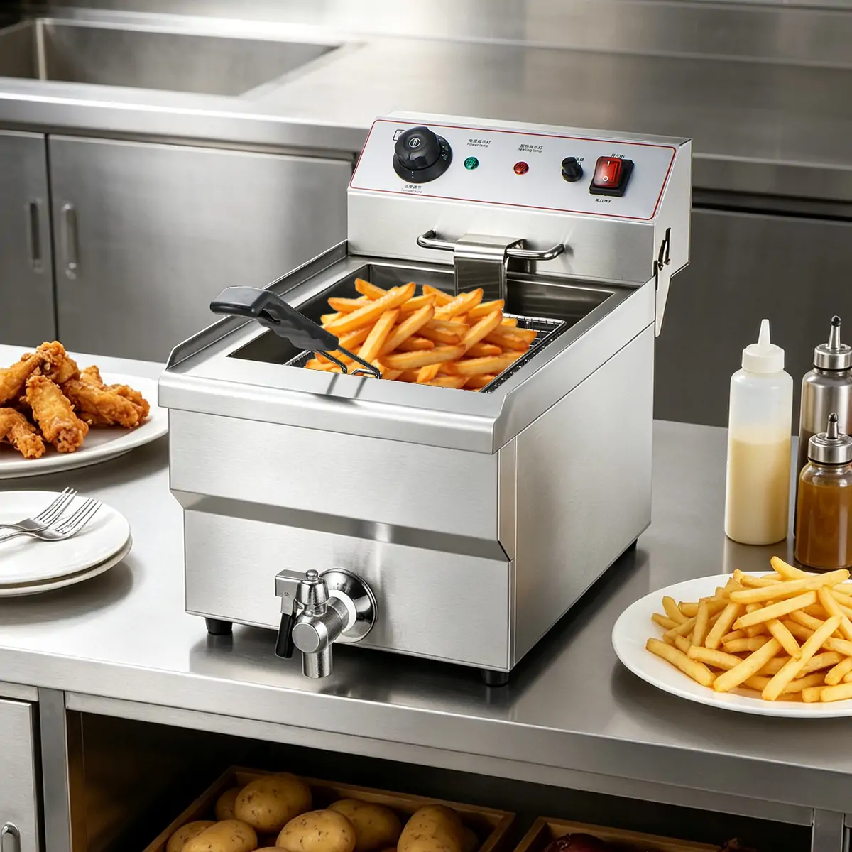 Commercial electric fryer used in restaurant kitchen for fried food preparation
