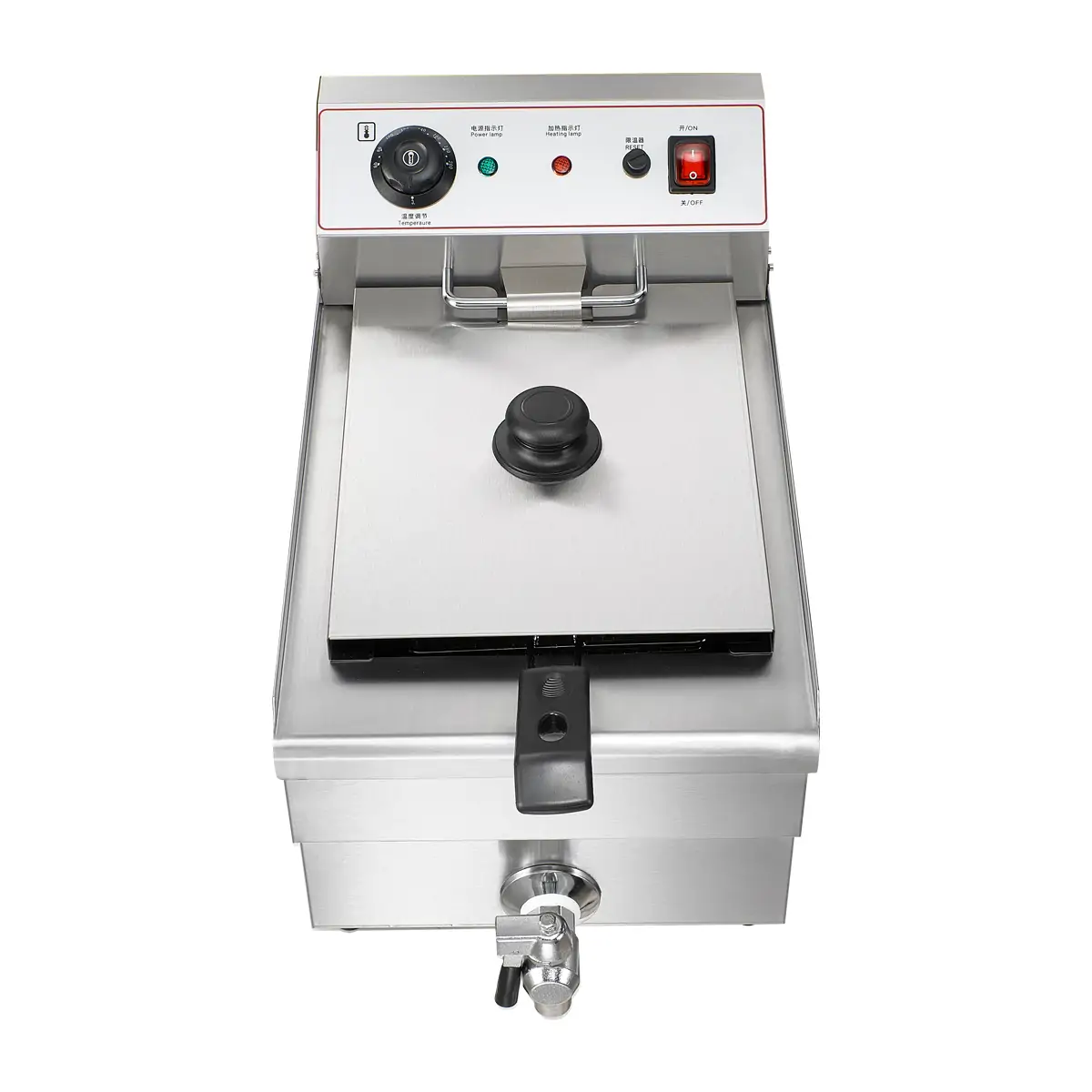Front view of commercial countertop electric fryer with stainless steel body