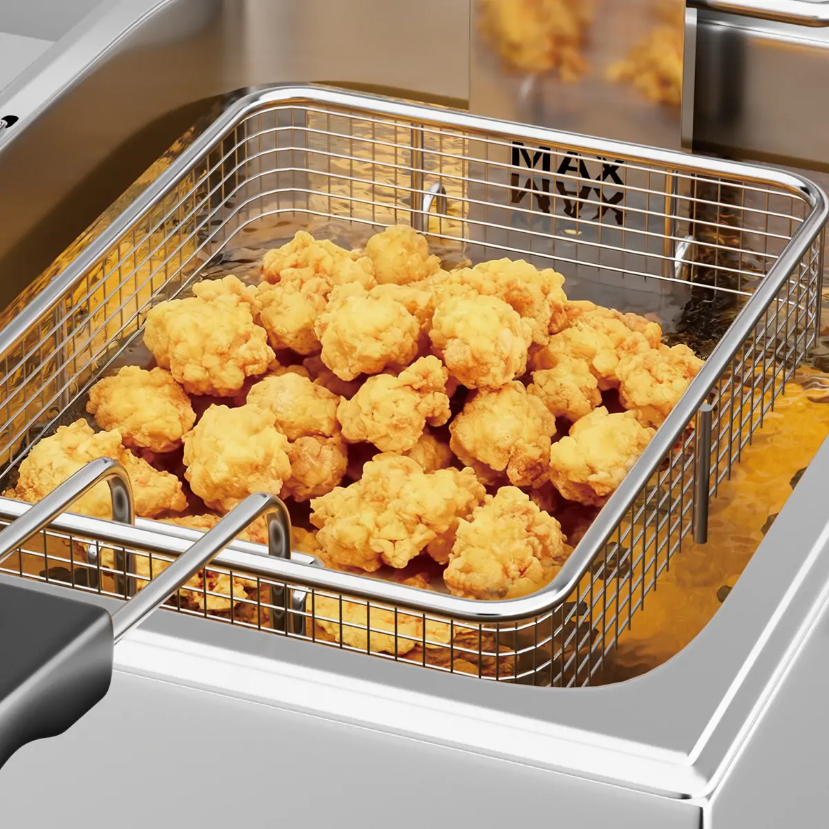 Commercial deep fryer frying chicken and snacks