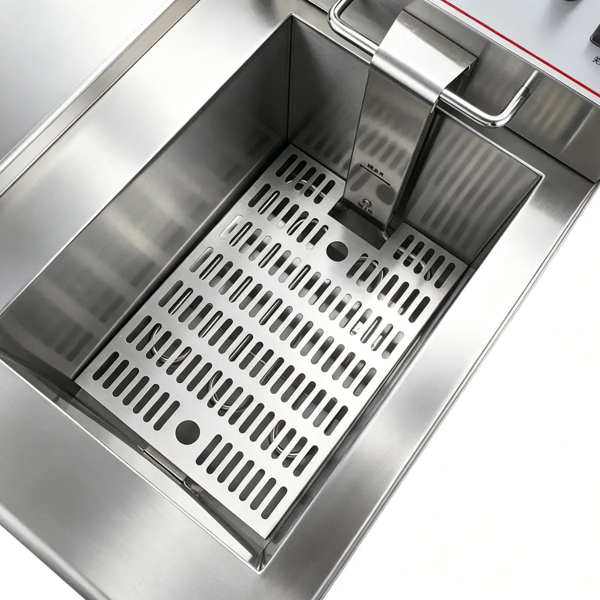 Minimum and maximum oil level markings inside fryer tank