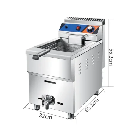 GF-0030 countertop commercial gas deep fryer dimensions with 18L oil tank capacity, LPG or NG gas support and thermostatic temperature control