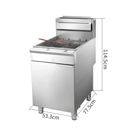 GF5 American style commercial gas deep fryer dimensions with 44L oil tank capacity and 150000 BTU heating output