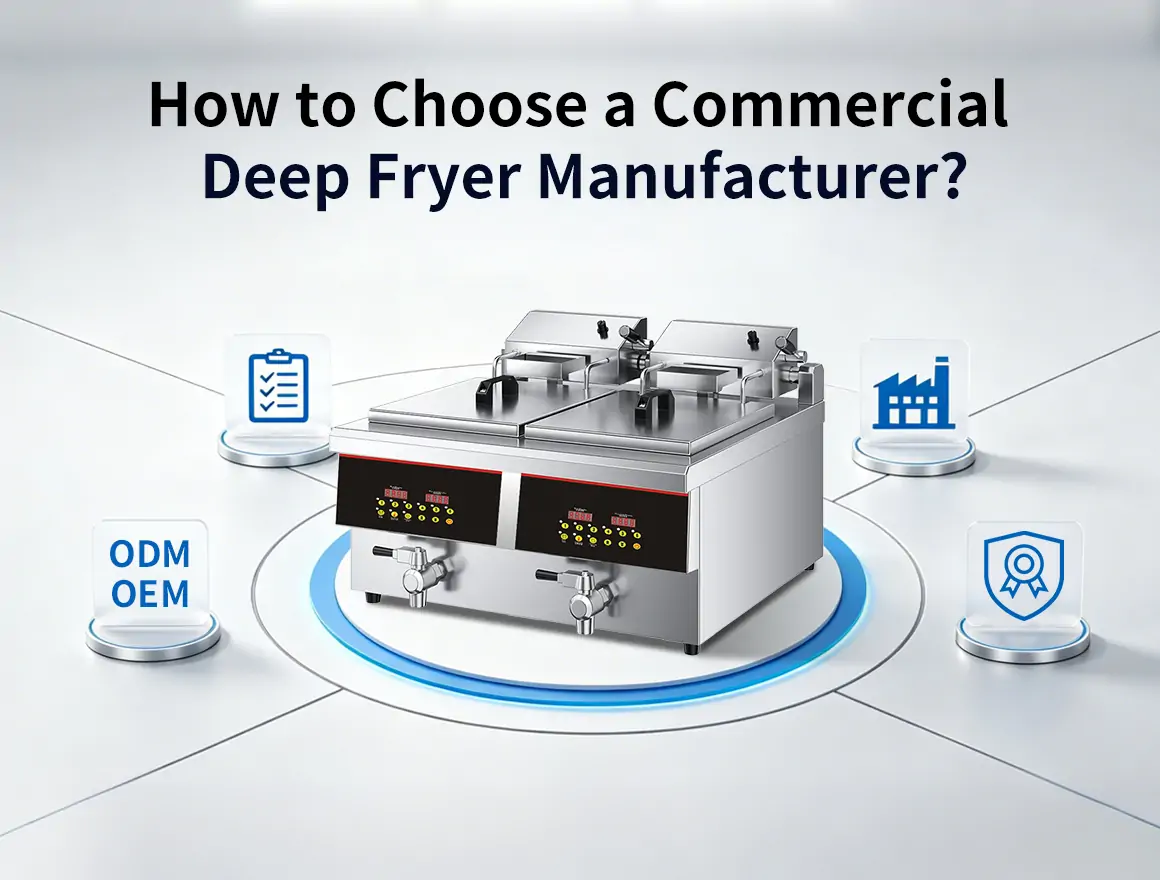 Commercial deep fryer manufacturer in China showing countertop electric fryer production and OEM manufacturing capabilities
