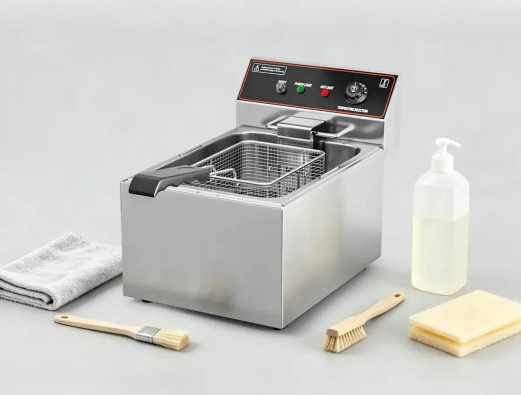 Commercial countertop electric deep fryer cleaning process showing proper stainless steel maintenance by fryer manufacturer