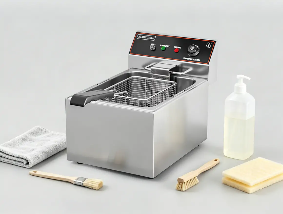 Commercial countertop electric deep fryer cleaning process showing proper stainless steel maintenance by fryer manufacturer