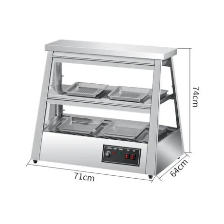 HW-DS-002 heated food display cabinet dimensions with hot air circulation system, 0.8KW power and 71cm display width