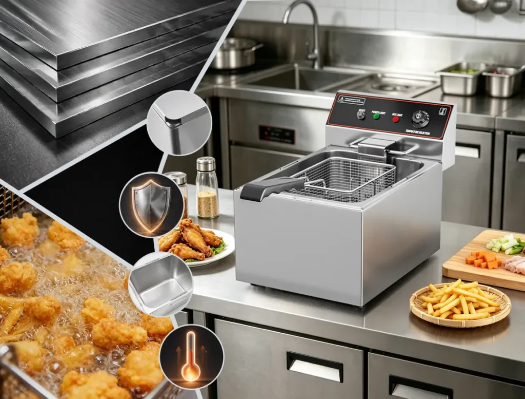 Stainless steel commercial deep fryer manufacturing process showing material thickness comparison in OEM factory by Shangbang fryer manufacturer in China