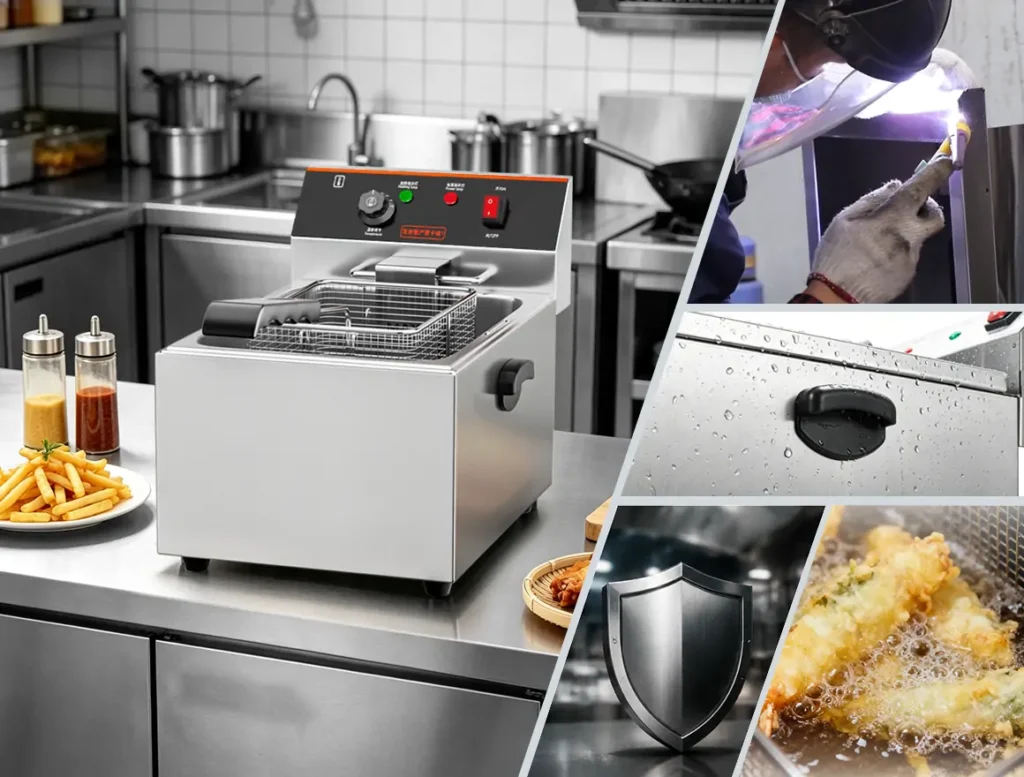 Seamless welded stainless steel commercial deep fryer manufacturing process showing polished edge finishing in Shangbang OEM fryer factory China
