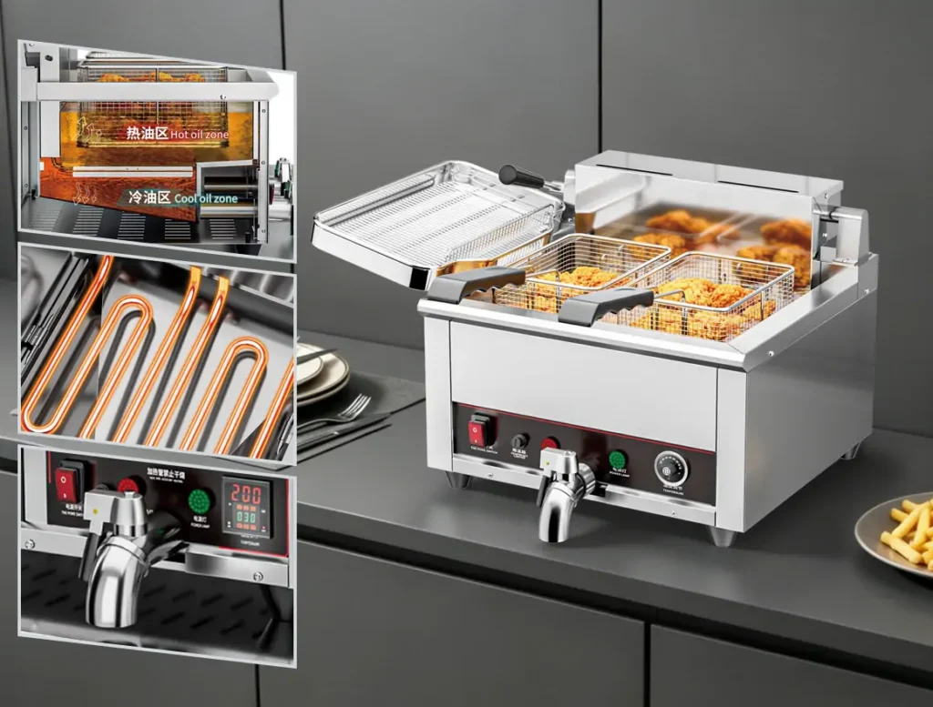 Commercial deep fryer cold zone design showing deep tank structure with sediment separation and stainless steel heating element layout for restaurant fryer efficiency