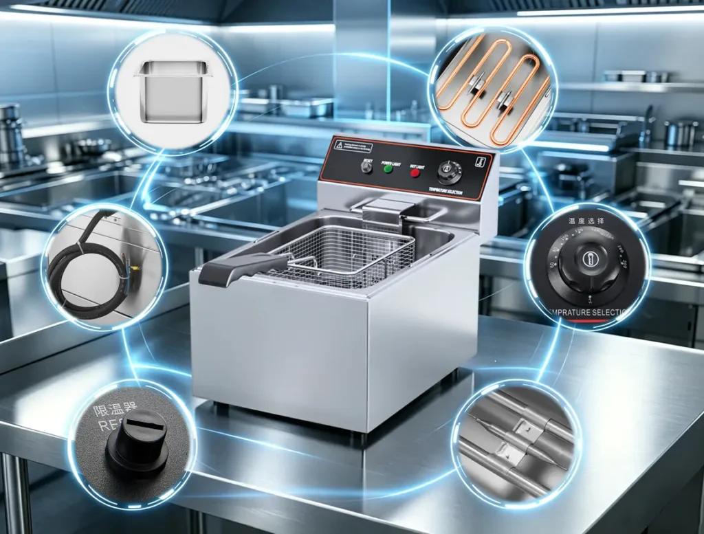 Commercial deep fryer internal components showing heating element, thermostat, and stainless steel structure designed for OEM kitchen load durability