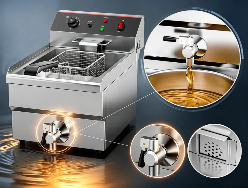 304 stainless steel drain valve on a commercial deep fryer showing oil drainage and daily maintenance for restaurant kitchens