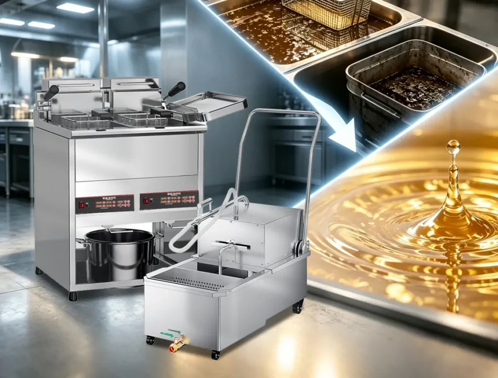 Commercial deep fryer with built-in oil filtration system showing fryer tank heating tube and filtration unit designed for restaurant and OEM manufacturing use