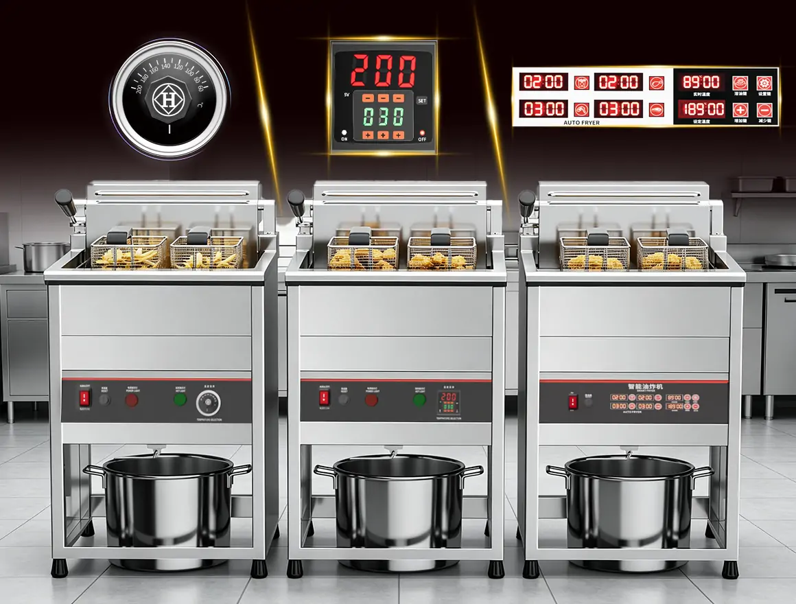 Commercial deep fryer temperature control system showing industrial electric fryer heating stability for restaurant fryer manufacturing in China 2026