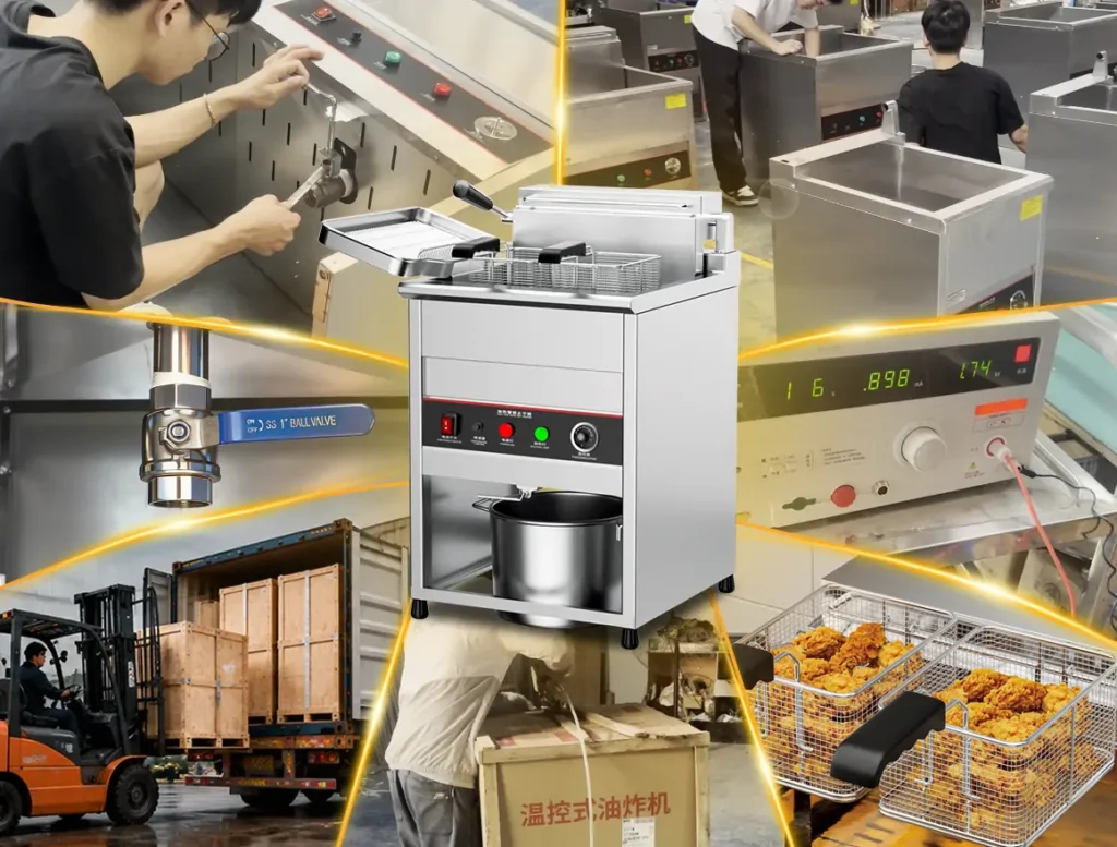 Commercial fryer factory testing process in China showing Shangbang OEM electric deep fryer temperature stability simulation for restaurant and food truck fryer applications