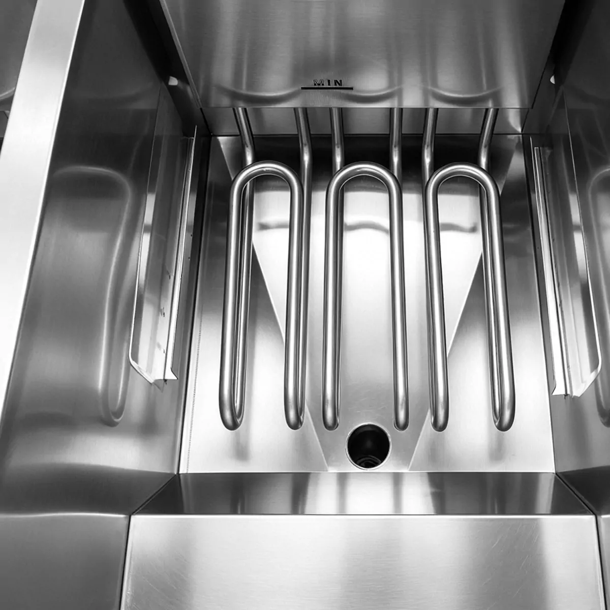 Commercial electric deep fryer heating tube and temperature probe system close-up