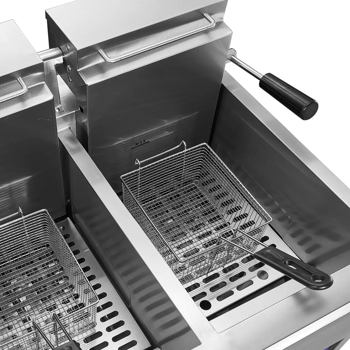 Deep fryer oil level indicator with MIN MAX markings and removable filter plate