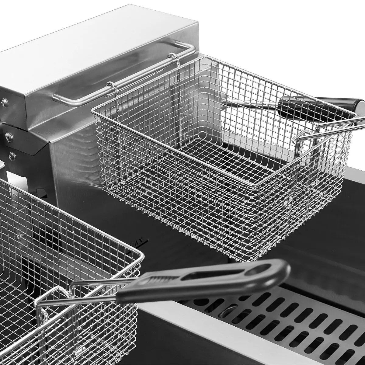 Double basket commercial deep fryer with hanging basket rack system