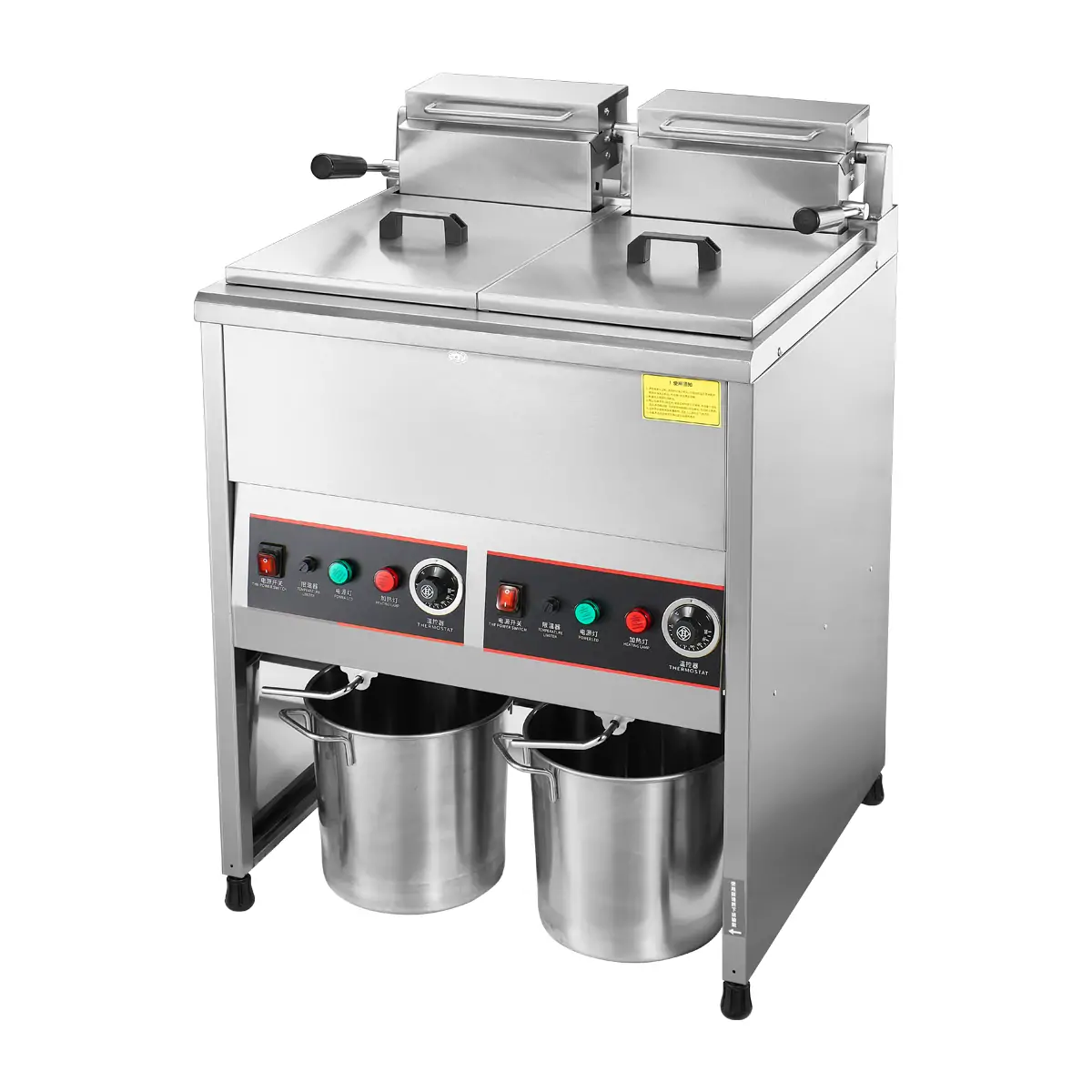 Freestanding double tank commercial deep fryer with stainless steel lid closed for safety