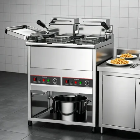 Commercial deep fryer used in restaurant kitchen cooking fries and chicken